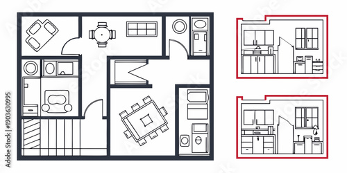 A detailed layout of a modern apartment with three different floor plans