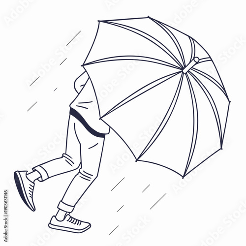 A person running with an umbrella in the rain, trying to stay dry.