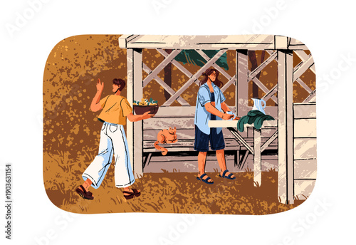 People prepare to eat in nature in village summerhouse. Person carries bowl of fruit for lunch in countryside summer house. Vacation in country. Flat isolated vector illustration on white background.