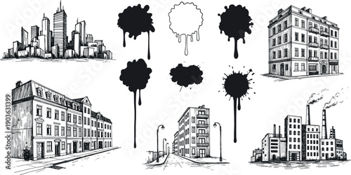 Black hand-drawn urban city set with apartment buildings, skyline silhouettes, street views and dripping ink splatter elements isolated on white background