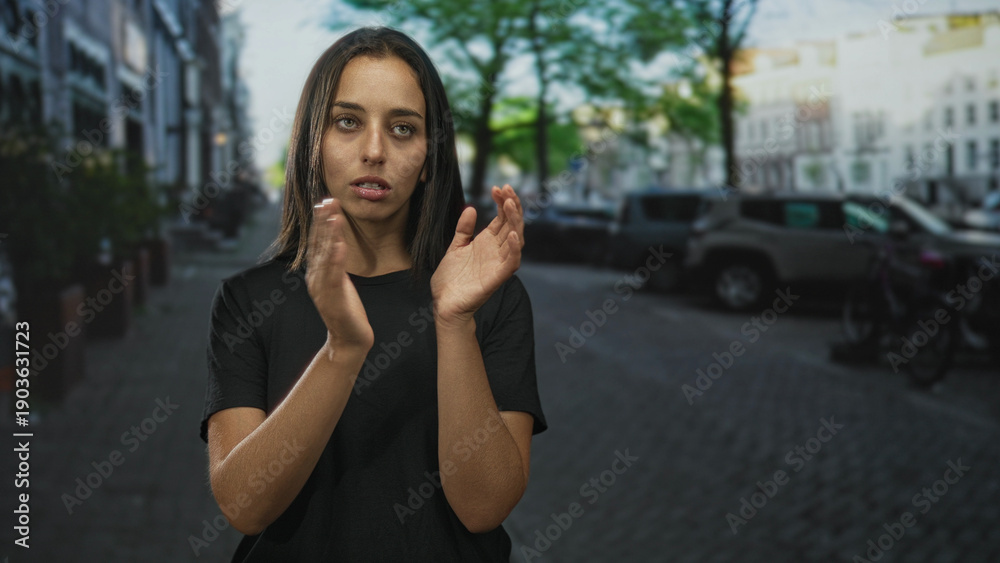 Fototapeta premium Woman claps hands with arms on hips and rolls eyes on a cobblestone street wearing a black t shirt; annoyance impatience sarcasm.