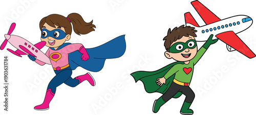 Cute superhero kids cartoon illustration featuring boy and girl flying with toy airplanes, imagination, childhood fantasy, playful vector characters
