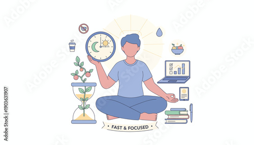 Man meditating with magnifying glass surrounded by office supplies and graphs in a serene environment