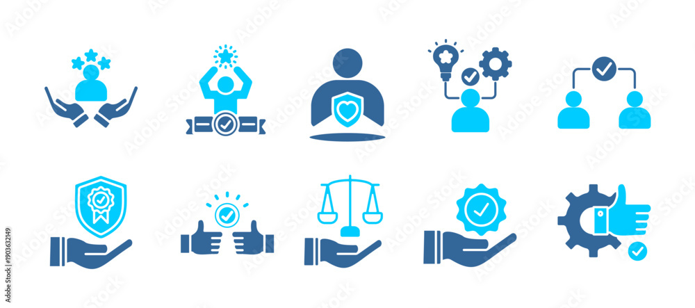 Fototapeta premium Trust icon set collection. Icon pack contain Trust, Reliance, sincerity, competence, credence, assurance, commitment, integrity, guarantee, reliability. dual tone vector.