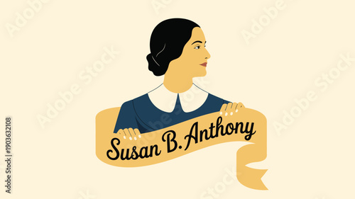 susan b anthony portrait illustration with banner text in flat style isolated on light background for history womens rights and suffrage concept