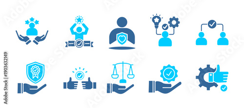 Trust  icon set collection. Icon pack contain Trust, Reliance, sincerity, competence, credence, assurance, commitment, integrity, guarantee, reliability. dual tone vector.