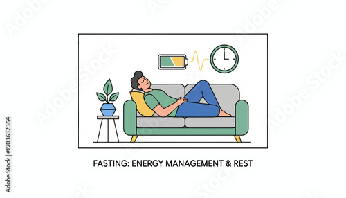 Illustration of a person resting on a couch with a clock and plant nearby, vector style, energy management scene