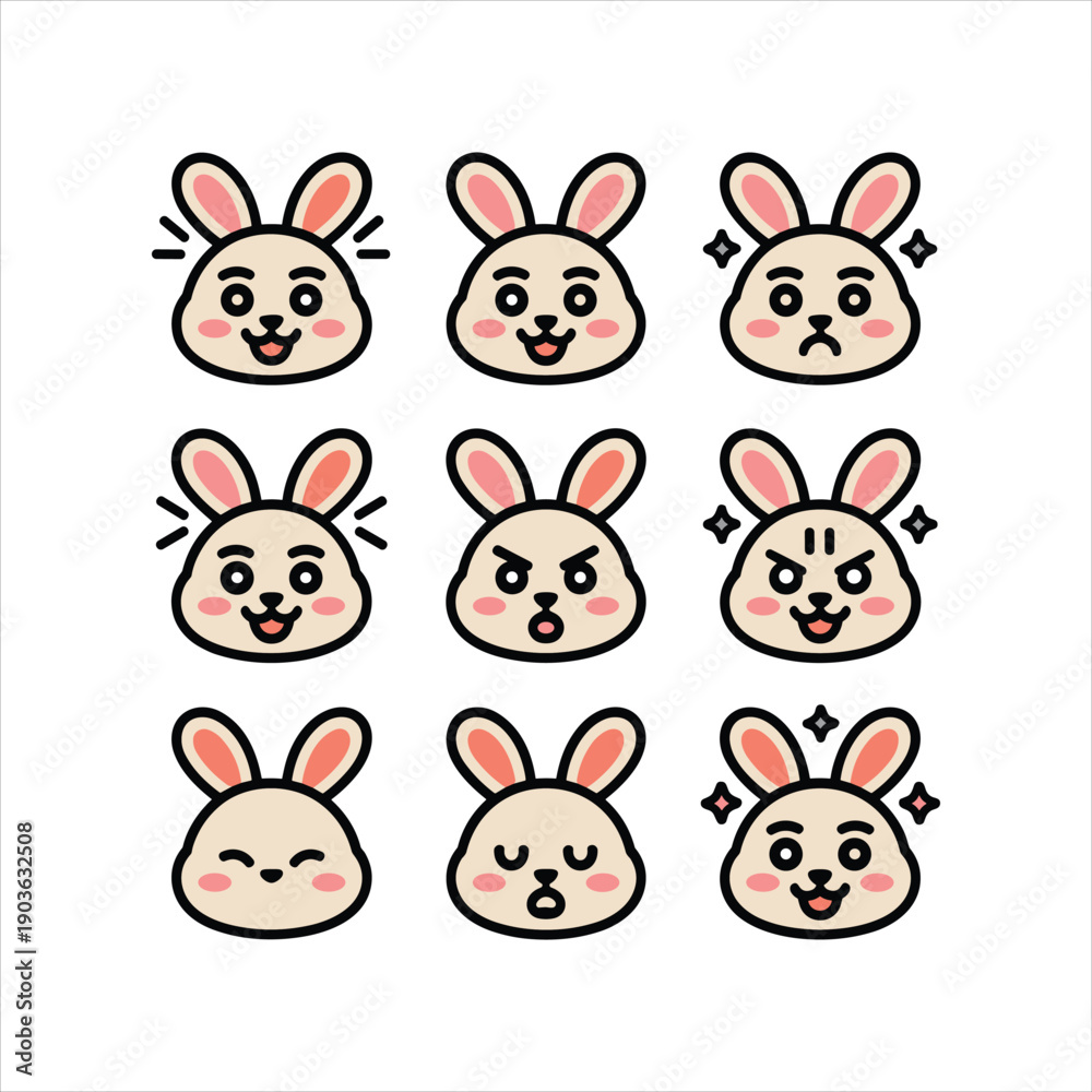 Obraz premium Cute Bunny Face Emoji Set Cartoon Rabbit Expressions Illustration