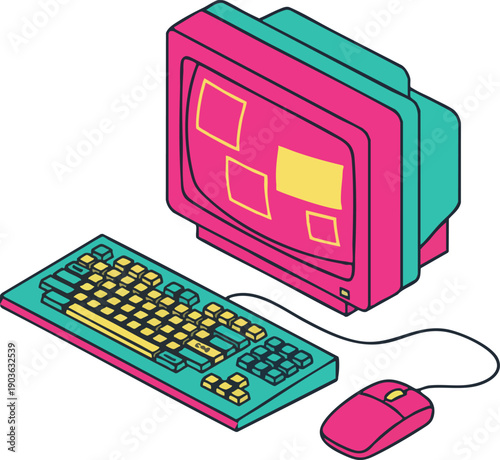 Retro style isometric computer setup with monitor and keyboard.
