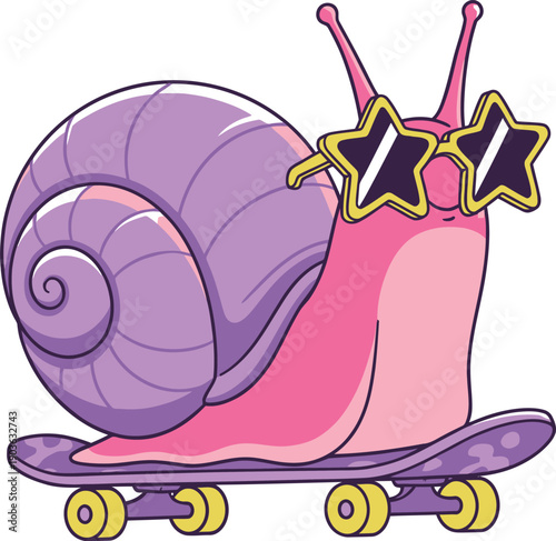 Cute snail riding skateboard, happy gastropod in sunglasses skating on skate board, cool snail riding skateboard, funny cartoon flat vector illustration