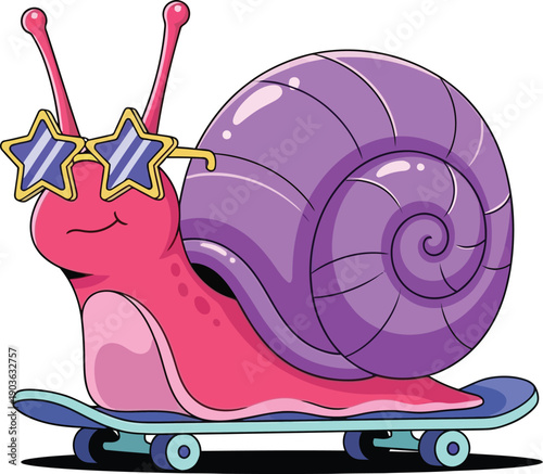Cute snail riding skateboard, happy gastropod in sunglasses skating on skate board, cool snail riding skateboard, funny cartoon flat vector illustration