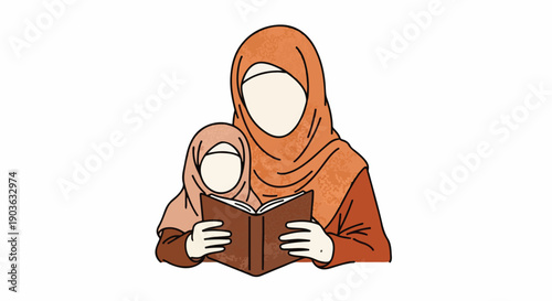 Muslim mother and child wearing hijabs reading a book together, sharing knowledge and bonding in a heartwarming cultural scene. Islamic education concept.