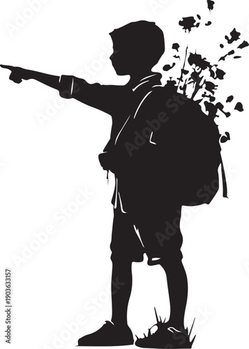 Silhouette of a boy with a backpack and flowers  vector illustration
