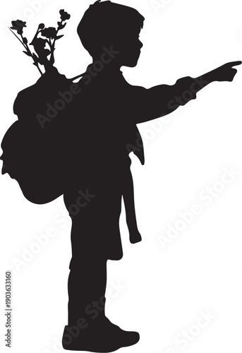Silhouette of a boy with a backpack and flowers  vector illustration
