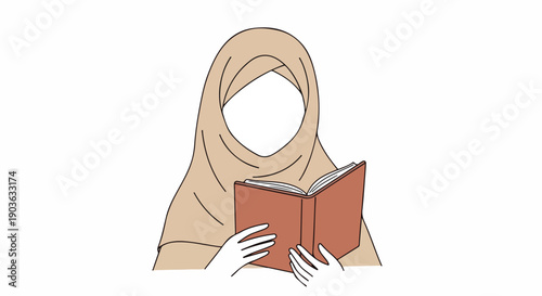 Muslim woman in hijab reading a book, symbolizing education, knowledge, and Islamic studies. Minimalist vector illustration for learning and culture.