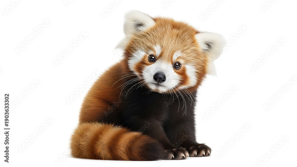 Fototapeta premium Cute baby red panda looking curious with dark eyes sitting tilted head against bright white background wildlife picture