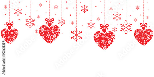 Red heart ornaments and snowflakes hanging on white background, festive romantic winter design with decorative strings. Perfect for Valentine’s Day, Christmas cards, holiday banners, invitations.