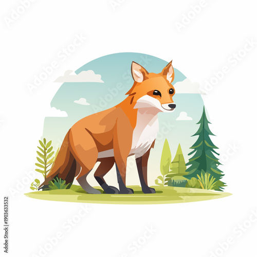 A charming illustration of a fox in a lush forest setting on a sunny day