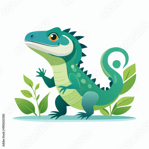 Whimsical Green Lizard Illustration Posing Playfully Among Fresh Green Leaves on a White Background