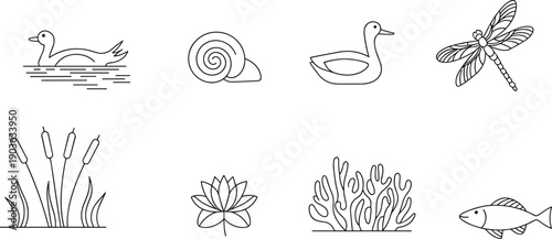 Nature pond wildlife line icon set with duck fish dragonfly snail lotus reed minimal outline vector illustration