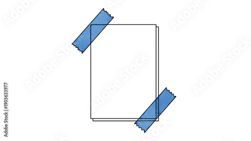 Blank white paper sheet secured with two pieces of blue textured adhesive tape on a solid white background for mockups.