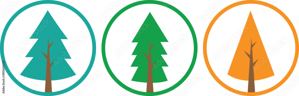 Obraz premium Nature-Inspired Colorful Tree Icon Collection Showing Wooden Trunks and Leaf Details in Minimal Flat Vector Style