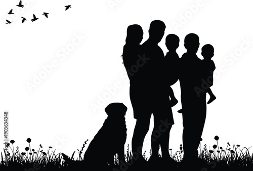Family silhouette outdoors, parents children dog, nature grass flowers, birds flying sky, peaceful lifestyle, happy togetherness, timeless black vector illustration