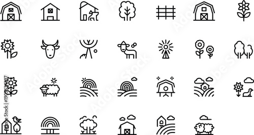 Farm icons, agriculture symbols, rural life silhouettes, barn, cow, sheep, tree, fence, sun, flower, bird, farmer, 