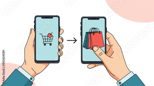 Illustration of two hands holding smartphones showing the transition from a shopping cart to delivered bags.