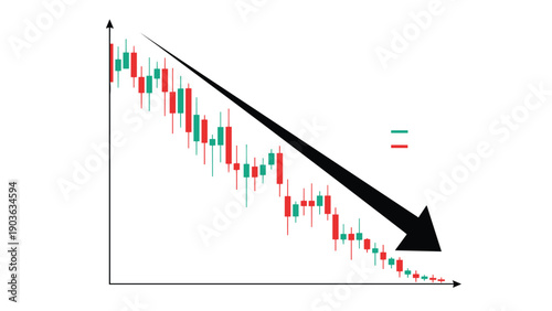 Financial stock market chart showing a significant downward trend with red and green candlesticks and a large black arrow.