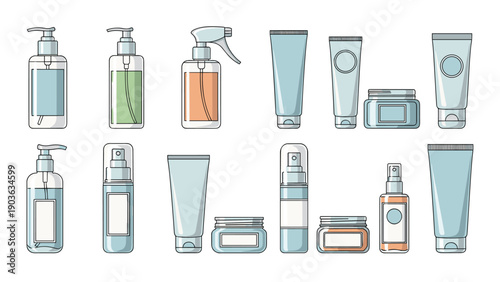 Large set of various cosmetic containers including spray bottles, pump dispensers, tubes, and cream jars in soft tones.