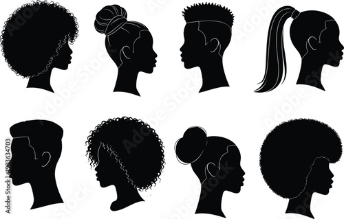 Black female hairstyle silhouettes set, afro curls buns ponytails shaved cuts, elegant woman profile heads vector illustration collection for beauty fashion design