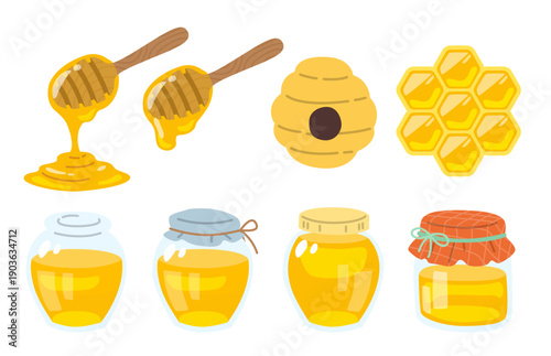 Vector illustration of honey jars, honeycomb and beehive set