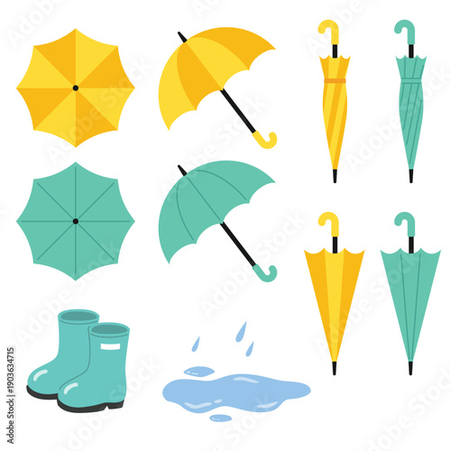 Vector illustration of colorful umbrellas and rain boots for rainy season