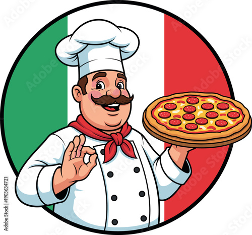 Friendly Italian chef mascot holding a pepperoni pizza with ok hand gesture and Italy flag background for restaurant branding and pizzeria logo design.