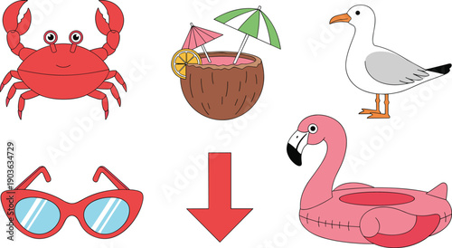 Summer Beach Vacation Vector Set Featuring Red Crab Coconut Cocktail Seagull Stylish Sunglasses and Pink Flamingo Inflatable Float on White Background