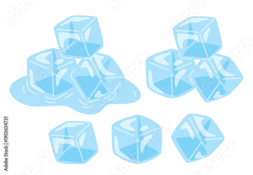 Set of clear blue ice cubes in different angles and stacks