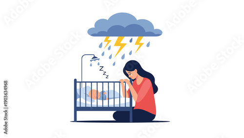 Sad woman crying and leaning over a baby's crib with a storm cloud and lightning above symbolizing postpartum depression.