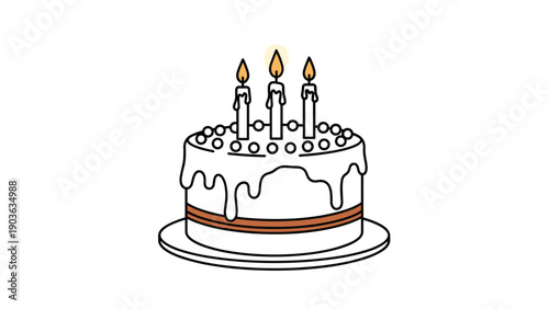 Simple illustration of a birthday cake with white frosting and three lit candles on a plate for party celebrations.