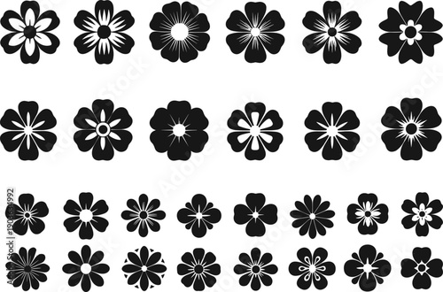 Abstract black floral icon set, decorative flower silhouettes collection, minimalist botanical shapes for logos, patterns, branding, prints, vector illustration, modern, design, elements