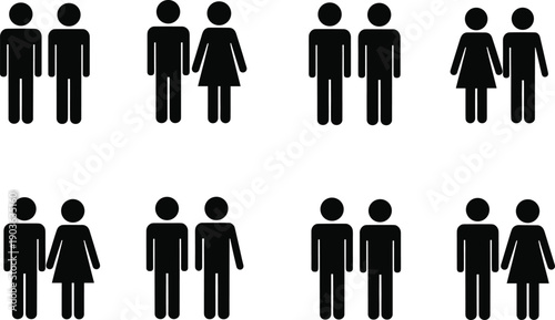 Minimal people icon pairs, showing male female combinations, restroom symbols, human figures, relationships pictogram set, isolated flat vector illustration design infographic collection