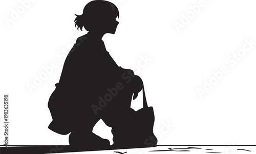 Silhouette of a girl sitting  vector illustration in manga style
