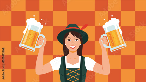 Smiling woman in traditional dirndl and hat holding two large foaming mugs of beer for Oktoberfest celebration.