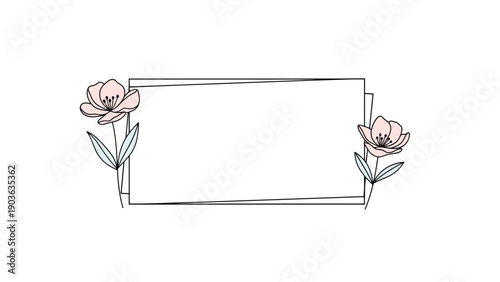 Simple rectangular blank frame decorated with two pink flowers and green leaves isolated on white background.