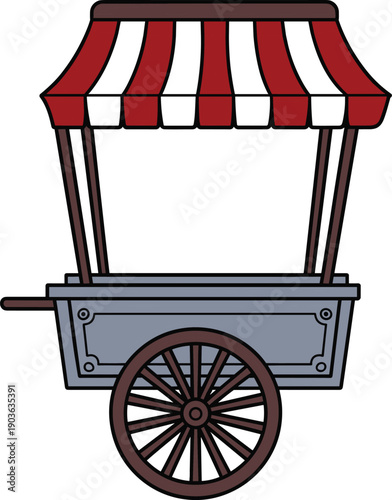 Street food cart illustration featuring vintage market stall, mobile vendor wagon, striped canopy, traditional outdoor shop vector design