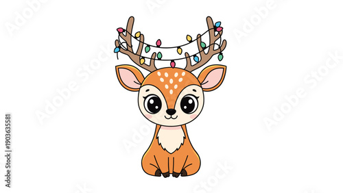 Adorable cartoon deer with large eyes and colorful Christmas fairy lights on its antlers for holiday decoration.
