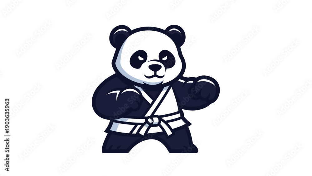 Fototapeta premium Cartoon panda character in karate uniform ready for action isolated on white