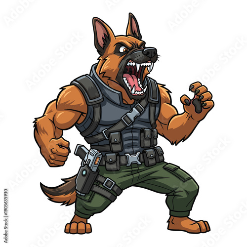 An angry German shepherd character, wearing tactical vest and cargo pants, ready to fight