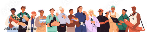 Diverse people of different professions row. Group of workers of various jobs, business occupation. Doctor, police, firefighter, programmer stand together. Flat isolated vector illustration on white.