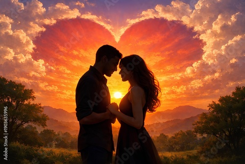 Couple silhouettes against heart-shaped sunset